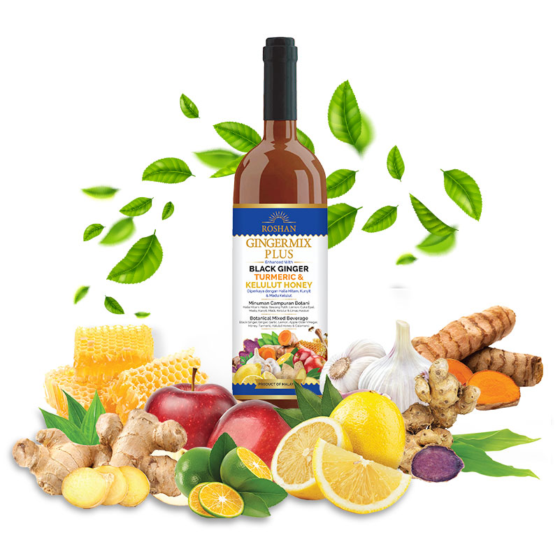 gingermix plus bottle with fruits about us
